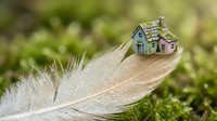 Miniature house model balanced on delicate feather in natural outdoor setting symbolizing fragility of home ownership and real estate dreams.