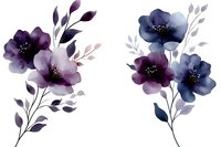 Watercolor purple and blue floral arrangements with delicate leaves isolated on transparent background for wedding invitations and romantic designs.