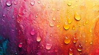 Water drops on colorful gradient surface with purple, pink, orange and yellow tones creating abstract macro photography background with condensation pattern.