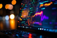 Financial market data visualization with colorful stock charts and trading indicators on computer screen, illuminated by vibrant bokeh lights in dark setting.