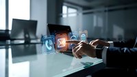 Businessman hand touching glowing digital icons representing technology, connectivity, and innovation in modern office workspace for business solutions.