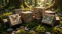 Wooden eco-friendly product cubes with nature symbols displayed on moss and stones in forest setting for sustainable branding and environmental marketing.