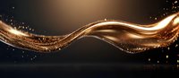 Glowing golden wave with sparkling particles flows smoothly across dark background creating elegant motion effect with light trails and bokeh elements.