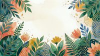 Watercolor floral frame with tropical leaves, colorful flowers, and gold geometric accents on a light background with copy space.