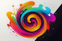 Vibrant spiral swirl with dynamic splashes of rainbow colors against black and white background, featuring fluid motion and energetic paint splash effects.