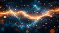 Glowing golden wave of light streaks across deep blue cosmic background with luminous bokeh particles and magical sparkles creating ethereal space atmosphere.