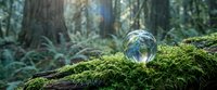 Crystal clear glass sphere resting on vibrant green moss in enchanted forest with sunbeams filtering through trees creating magical atmosphere.