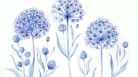 Delicate blue allium flowers with stems and buds in watercolor style on white background, botanical floral arrangement for stationery and textile design.
