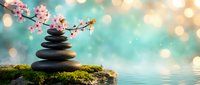 Zen spa stones balanced on moss with cherry blossom branch against tranquil water and soft bokeh lights for meditation and wellness concepts.