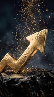 Golden arrow pointing upward on dark rock with sparkling particles representing business growth, success, financial progress and achievement concept.