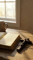 Open book with wooden cross and coffee mug on rustic table by window with warm natural light for spiritual reading and meditation moments.