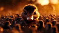 Baby chick in golden sunlight surrounded by bokeh sparkles and warm backlit glow, close up portrait showing curious expression and fluffy feathers.