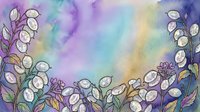 Watercolor floral border with white blooms and purple flowers on soft pastel gradient background, suitable for greeting cards and stationery design.