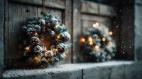 Festive winter wreath with pinecones and snow on rustic wooden window sill during snowfall with warm bokeh lights creating cozy holiday atmosphere.