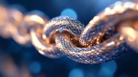 Twisted golden rope chain macro photography with textured metallic surface and blue bokeh background highlights luxury jewelry craftsmanship and detail.