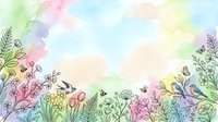 Watercolor spring floral border with delicate wildflowers and leaves on pastel rainbow background for greeting cards and wedding invitations.