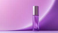 Purple glass perfume bottle with silver cap on gradient purple background with soft light effect and reflective surface, minimal luxury cosmetic product photography.