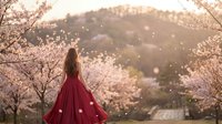 Young Asian woman in flowing red dress standing among blooming cherry blossom trees with falling petals at sunset, romantic spring landscape for wedding concepts.