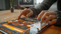 Close up of hands working on modern digital touchscreen mixing console with glowing orange interface elements on wooden desk in recording studio environment.