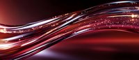 Glowing red and white curved lines with sparkles flow across dark background creating dynamic wave pattern for technology and motion designs.