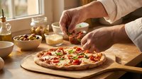 Chef hands adding fresh basil to homemade pizza with tomatoes and cheese on wooden board in warm kitchen setting for cooking and food preparation.