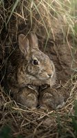 Wild cottontail rabbit mother with babies in grass nest burrow. Maternal care and wildlife family scene in natural habitat for nature photography.