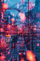 Atmospheric urban nightscape with glowing red bokeh lights and electrical wires creating dreamy cityscape reflection. Rain-soaked streets amplify neon colors in moody scene.