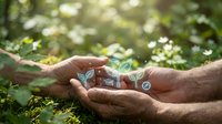 Elderly hands gently holding small green seedlings in natural garden setting with soft sunlight filtering through leaves for environmental care concept.
