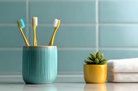 Minimalist bathroom decor with turquoise toothbrush holder, yellow succulent pot, and white towels against teal tile wall, modern home organization concept.