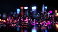 Vibrant night cityscape with neon pink and purple reflections on water, illuminated skyscrapers silhouettes against dark sky with bokeh lights creating dreamy atmosphere.