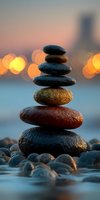 Balanced stack of smooth stones on beach at sunset with bokeh city lights creating zen atmosphere for wellness and meditation practices.