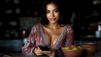 Young mixed race woman in embroidered dress using smartphone at restaurant table with clay pottery and fresh fruits, soft moody lighting creates intimate atmosphere.