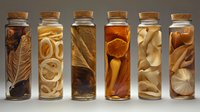 Glass bottles with preserved botanical specimens and citrus slices arranged in row, backlit display showing natural elements in golden and amber tones against dark background.