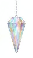 Iridescent crystal pendulum with rainbow gradient colors and metallic chain, isolated on white background for jewelry design and spiritual product use.