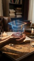 Hands holding holographic graduation cap symbol above wooden desk with candles and books in background representing online education achievement.