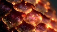 Glowing cosmic scales in deep burgundy and gold create mystical pattern with sparkles and light effects, abstract magical background for fantasy designs.