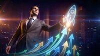 Confident businessman in suit holding glowing rocket hologram with upward arrows against city skyline background representing startup growth and success.