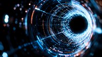 Futuristic digital tunnel with glowing blue light effects and circular pattern. Abstract technology background with dynamic perspective and dark center.