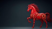 Red ornate horse with golden decorative patterns and flowing mane on dark background for luxury design projects and festive celebrations.