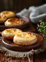 Fresh baked egg tarts with creamy custard filling on wooden plate. Traditional Portuguese pasteis de nata dessert with caramelized top and flaky crust.