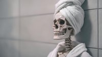 Skeleton with white towel wrapped around head and body in bathroom setting, creating humorous spa day concept against tiled wall.