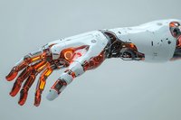 Robotic hand with glowing orange and red circuitry, artificial intelligence technology, futuristic prosthetic limb, isolated on white background for design use.
