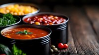 Homemade tomato soup served in black bowl with fresh cherry tomatoes and herbs on rustic wooden table, dark moody food photography styling.