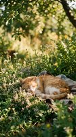 Orange tabby cat sleeping peacefully among wildflowers in sunny garden with soft bokeh light filtering through green foliage creating serene natural atmosphere.