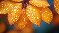 Orange autumn leaves covered with morning dew drops against dark background. Macro nature photography showing seasonal change and natural moisture patterns.