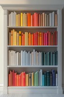 Books arranged by color spectrum on white built-in bookshelf, creating rainbow gradient effect from yellow through orange, red, blue and green tones. Elegant home library display.