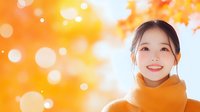 Young Asian woman smiling warmly while wearing orange scarf against autumn background with soft bokeh lights and falling maple leaves, expressing joy and seasonal mood.