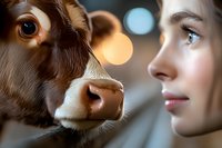 Close up portrait of young Caucasian woman and brown cow face to face in soft focus with bokeh lights background showing connection between human and animal.