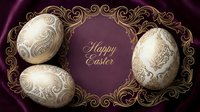Elegant golden decorated Easter eggs with ornate swirls on luxurious purple background for holiday greeting cards and spring celebration designs.