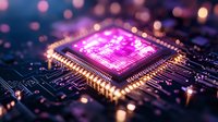 Glowing pink microprocessor on circuit board with bokeh light effects, close-up view showing electronic components and technology innovation in computing.
